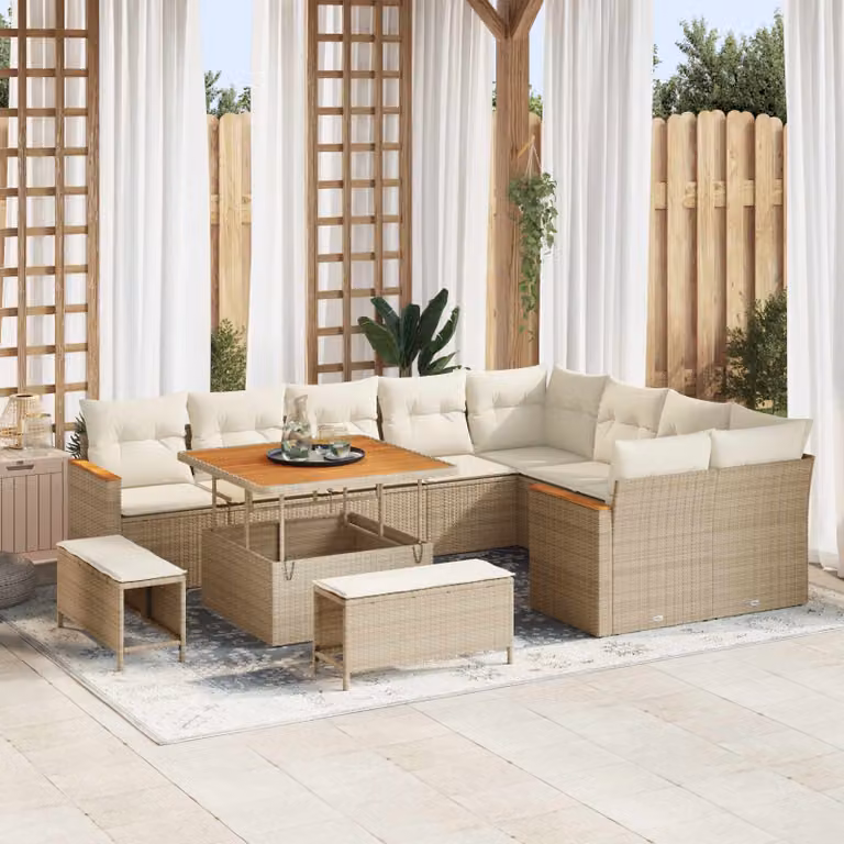 Set Divano da Giardino Moderno vidaXL in Polyrattan Beige con Cuscini e Tavolino da 12 Pezzi