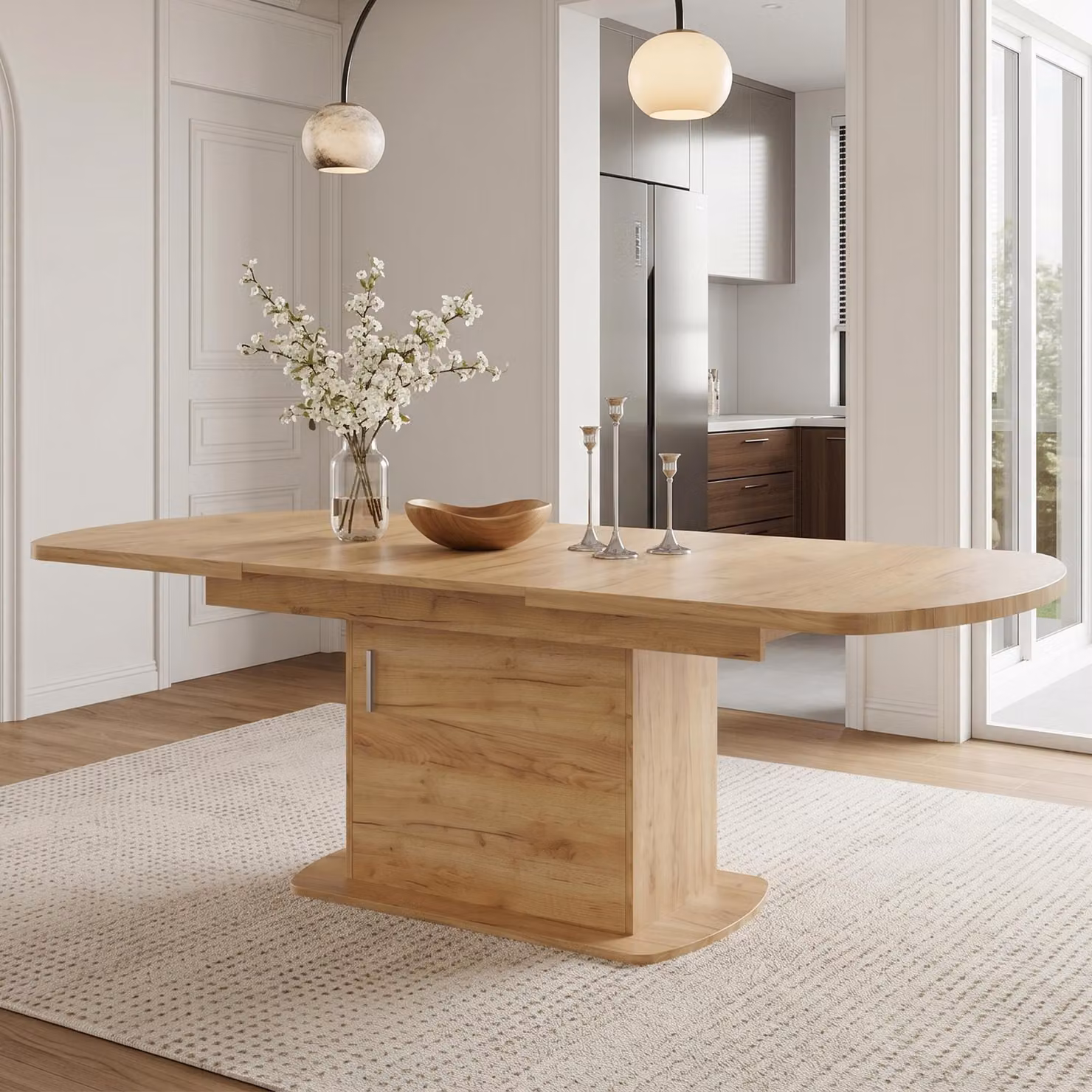 Tavolo da pranzo ovale allungabile con spazio contenitivo, tavolo multifunzionale per la sala da pranzo con maniglia argentata, tavolo da cucina 140-200 cm, colore noce