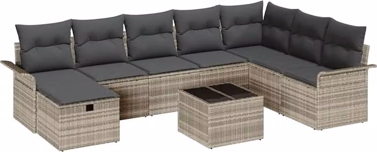 Set Divano da Giardino 9 pcs Grigio chiaro Poly Rattan