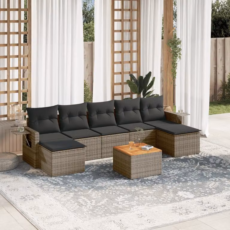 vidaXL Set Divano da Giardino 8 pz in Polyrattan Grigio con Cuscini Imbottiti e Tavolino