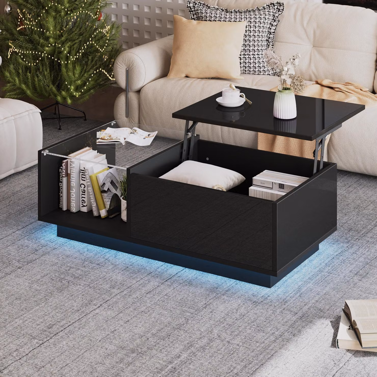 MODFU LED tavolino ausiliario, tavolino da salotto con superficie lucida, con vano portaoggetti nascosto e ripiano, tavolino da caffè regolabile in altezza, nero