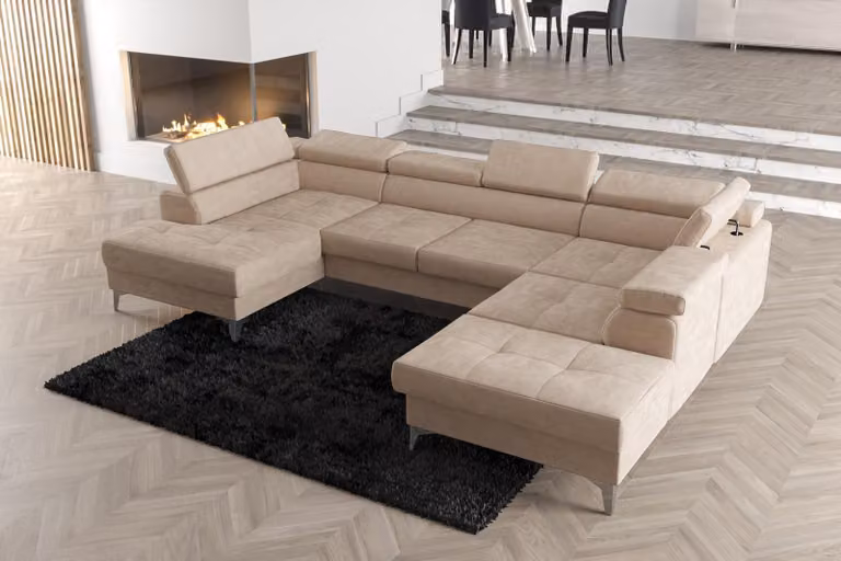 Modernes Design Polsterung Couch Wohnzimmer Ecksofa U-Form Textilleder Holz