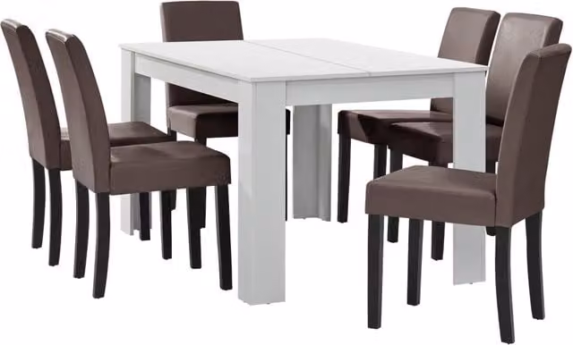 Set Pranzo con Tavolo 140x90 cm e 6 Sedie in Similpelle - Bianco / Marrone [en.casa]