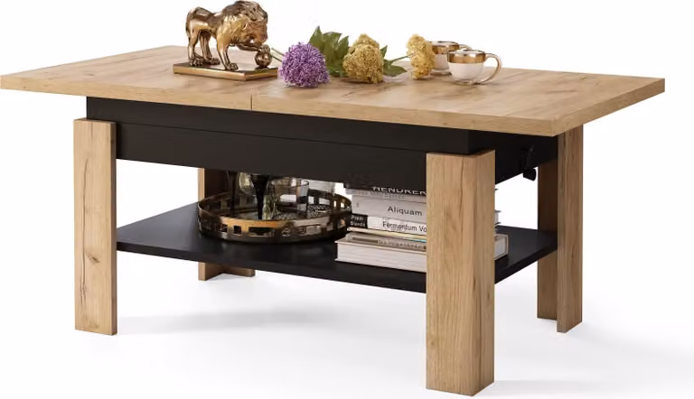 Tavolino allungabile Rino, tavolino da caffè, tavolino per il soggiorno con vano portaoggetti, tavolino da divano, allungabile fino a 170 cm, con altezza regolabile, dimensioni 130x65 cm, modello 05, finitura: rovere dorato e nero