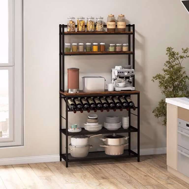 Scaffale da cucina a colonna a 6 ripiani, mobile da cucina in legno con portabottiglie per 10 bottiglie, supporto in stile industriale per microonde con portata massima di 125 kg (marrone)