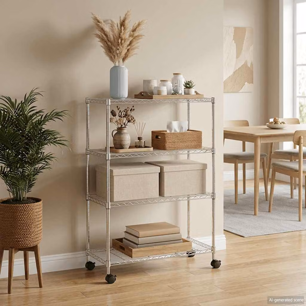 Scaffale a 4 Livelli con Ruote vidaXL in Metallo Argento L: 90 cm, P: 35 cm, H: 142 cm
