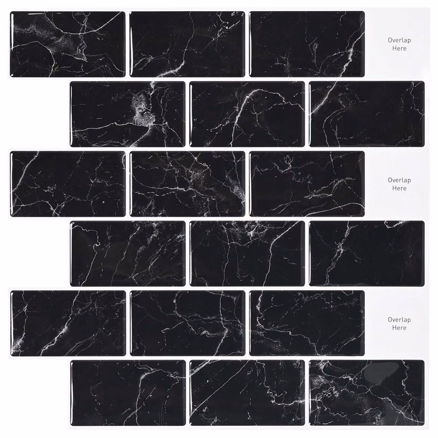 Set di 20 piastrelle metro vidaXL effetto marmo nero lucido per pareti di bagno e cucina, L/P: 30 x 30 cm