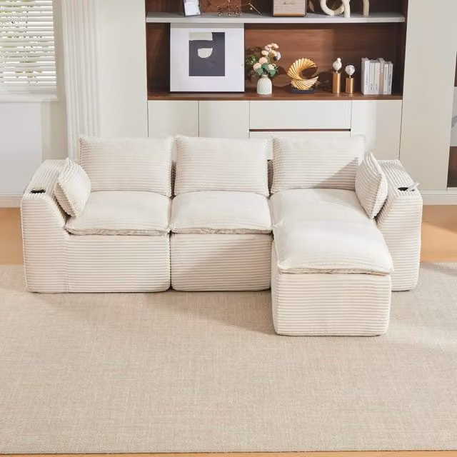 Divano modulare 3 posti; rivestimento in velluto a coste beige; 256x161x75 cm