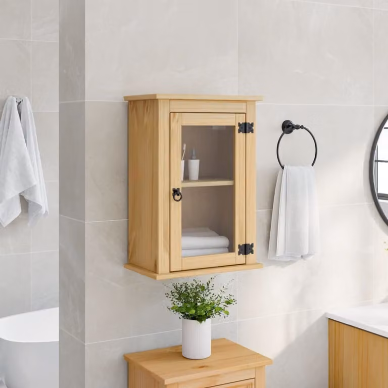 Mobiletto da bagno a parete vidaXL Corona in legno massello di pino color marrone con ante in vetro, L 45 cm x P 27 cm x H 64,5 cm