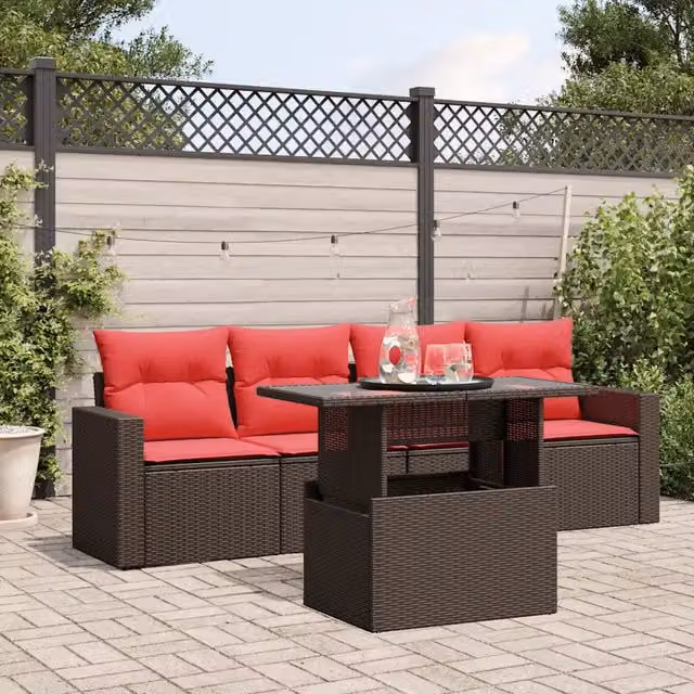 Set Divani da Giardino 5 pz con Cuscini Marrone in Polyrattan 3267104