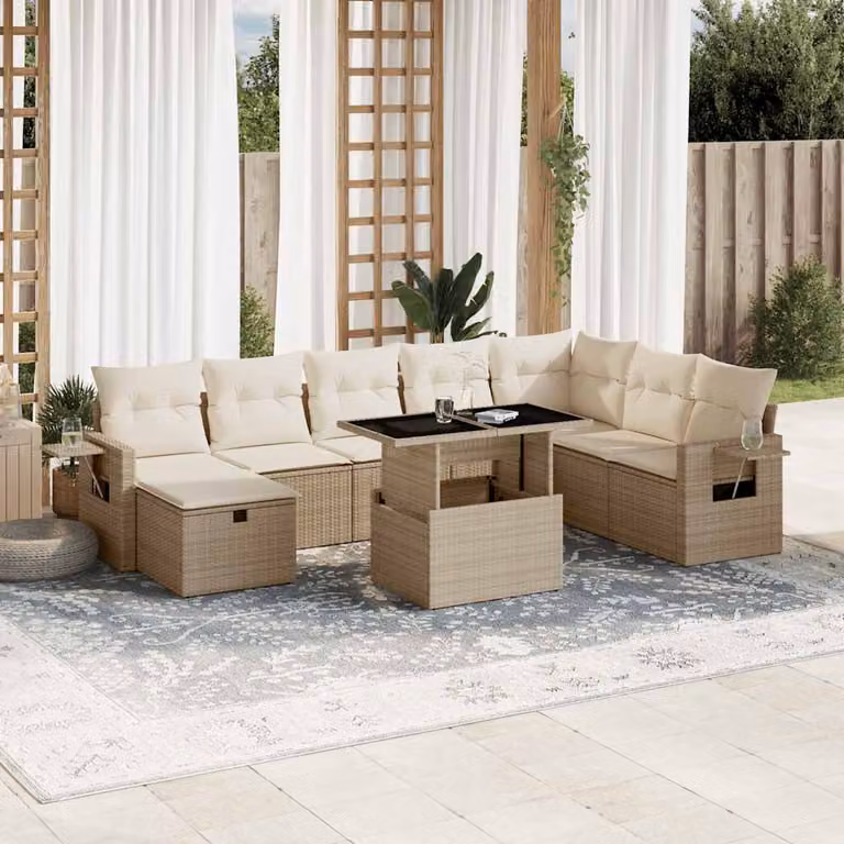 Set Divano da Giardino a L vidaXL 9 pz con Cuscini Beige e Tavolino in Polyrattan e Metallo