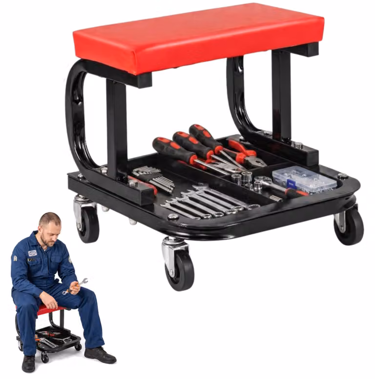 Sgabello da officina mobile con ruote a 360° Sgabello da officina con ripiano porta-attrezzi Sgabello con rotelle e struttura in metallo Imbottitura morbida con portata fino a 150 kg Sgabello da montaggio, sgabello da lavoro 38 x 37 x 36 cm Seduta da offi