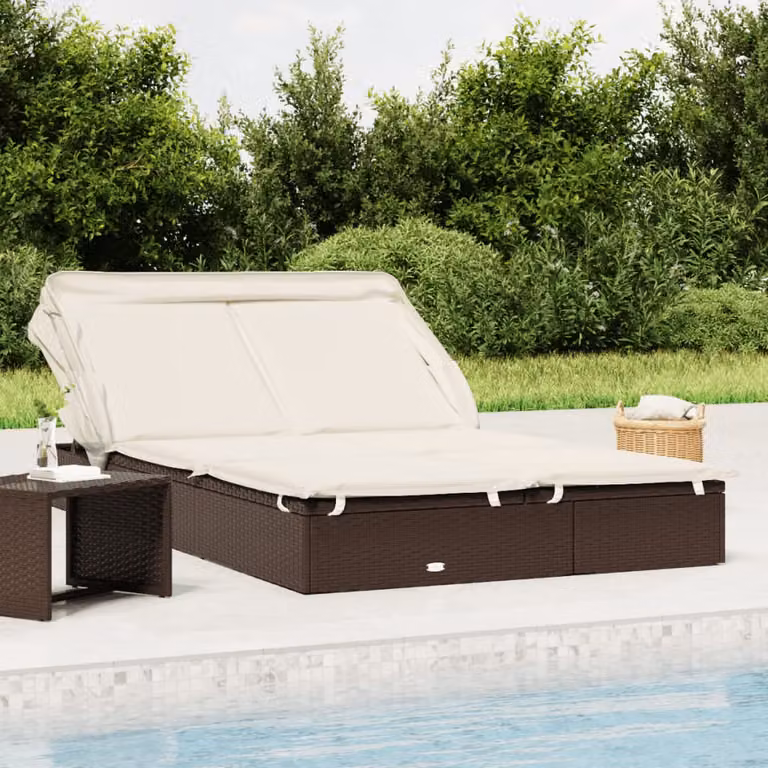 vidaXL Lettino Doppio Pieghevole con Tetto e Poggiatesta Regolabile in Polyrattan e Acciaio, Marrone e Bianco, L: 213 cm, P: 63 cm, H: 97 cm