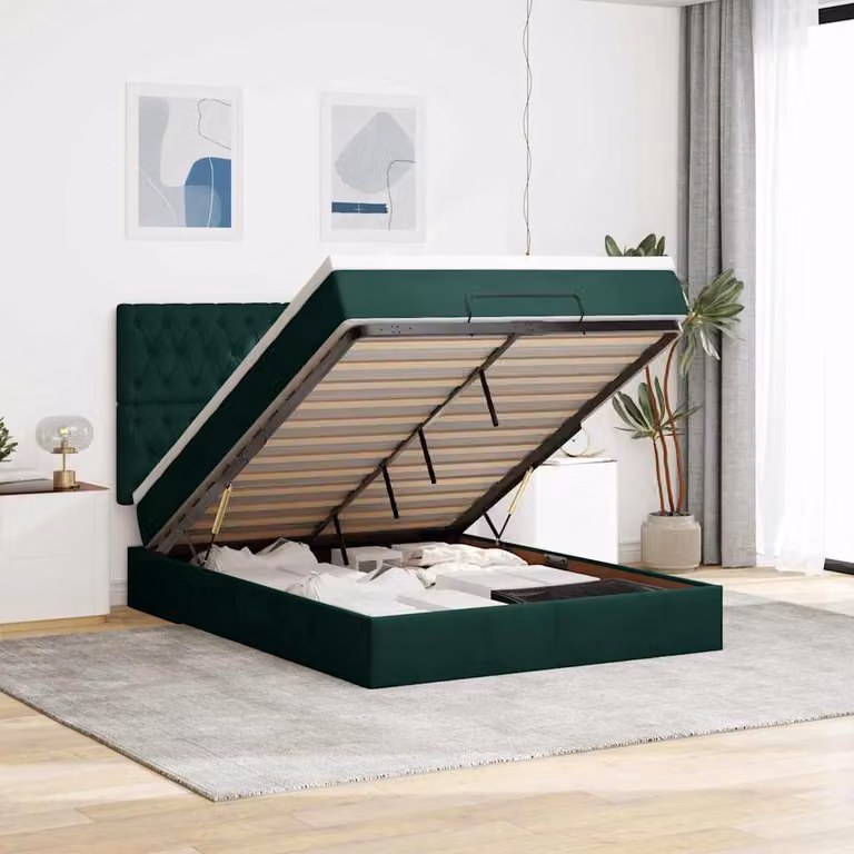 vidaXL Letto con Contenitore e Materasso in Velluto, L/P/H: 140 x 200 cm, Verde e Bianco