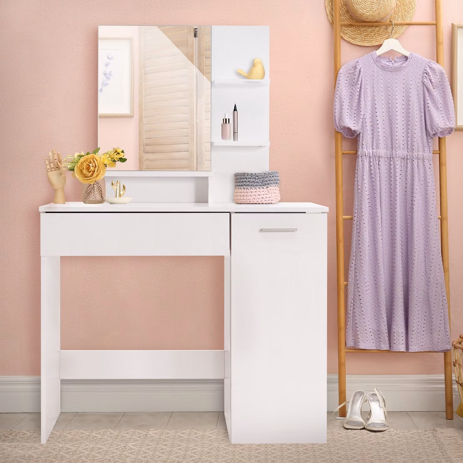ML-Design tavolo da toilette bianco con specchio, tavolo da toilette con cassetto, 90x38x138 cm, bianco, moderno, tavolo cosmetico con mobile base