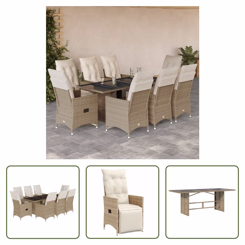 The Living Store Set bistrot da giardino 9 pezzi con cuscini Beige in poly rattan