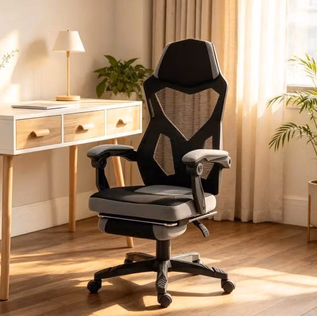 Sedia da ufficio ergonomica moderna in tessuto grigio e nera con poggiatesta, braccioli e altezza regolabile H 122 cm x L 63 cm x P 58 cm – 1