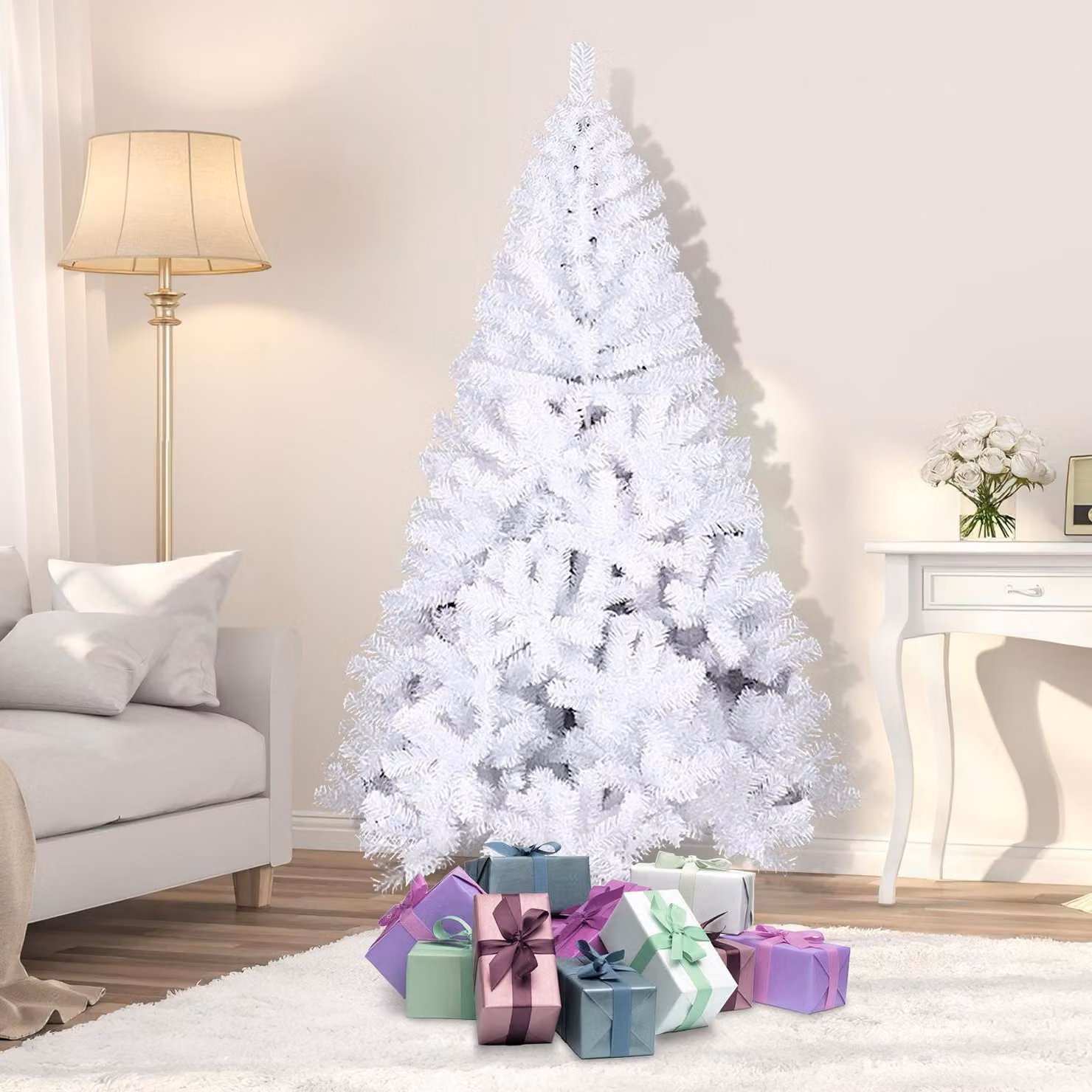 Izrielar Albero di Natale artificiale 210 cm Abete con supporto per decorazione natalizia riutilizzabile Bianco