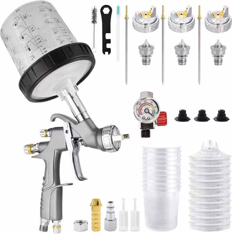 Set di pistole a spruzzo LVLP – Pistola per verniciatura con 3 ugelli intercambiabili da 1,3/1,5/1,7 mm e contenitore di miscelazione da 650 ml