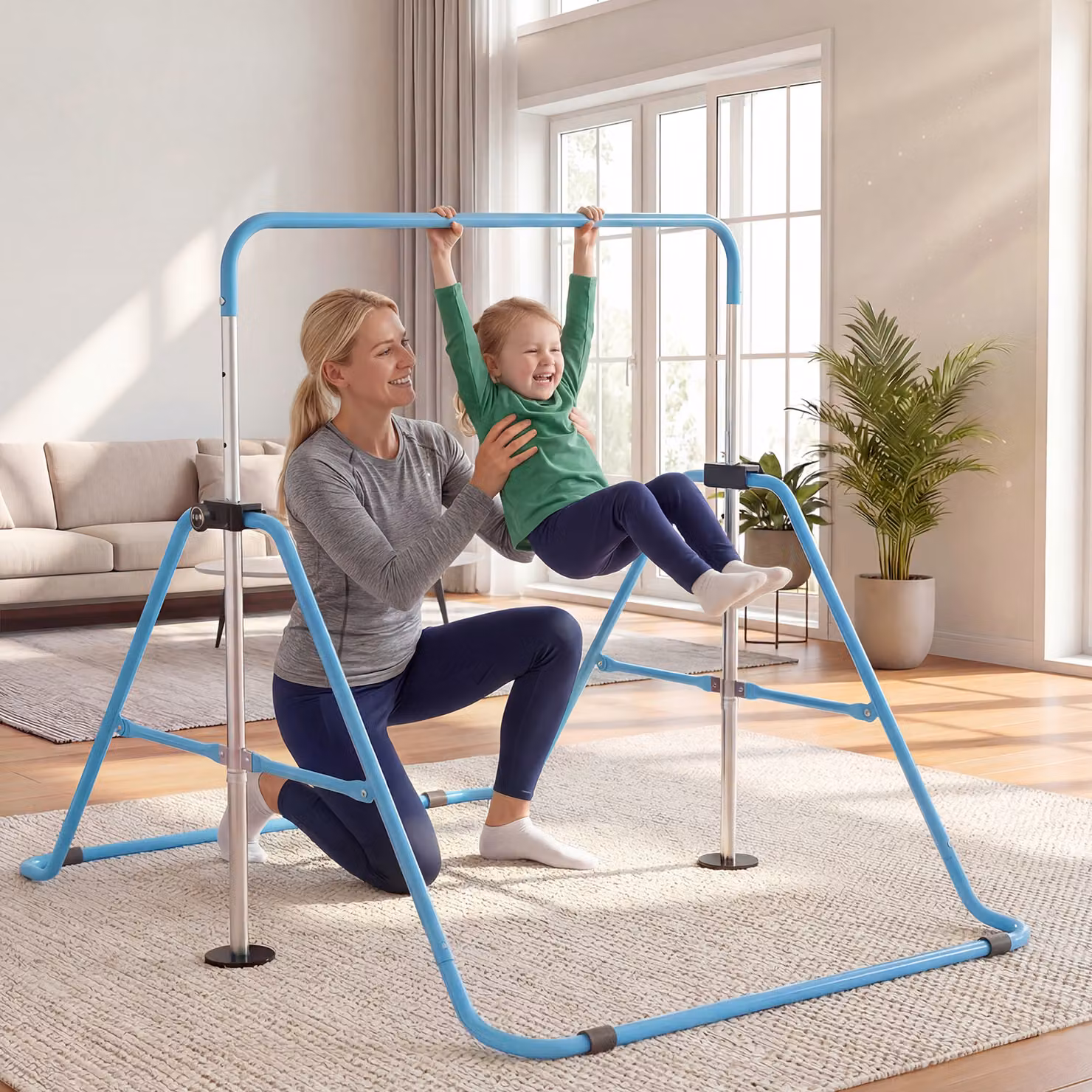 Barra ginnastica pieghevole Costway per bambini con base antiscivolo e altezza regolabile, barra orizzontale blu