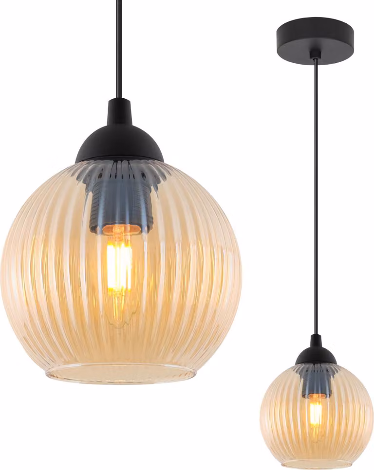 Lampada a sospensione RIFFLE nera a 1 luce, sfera in vetro color ambra, attacco E27