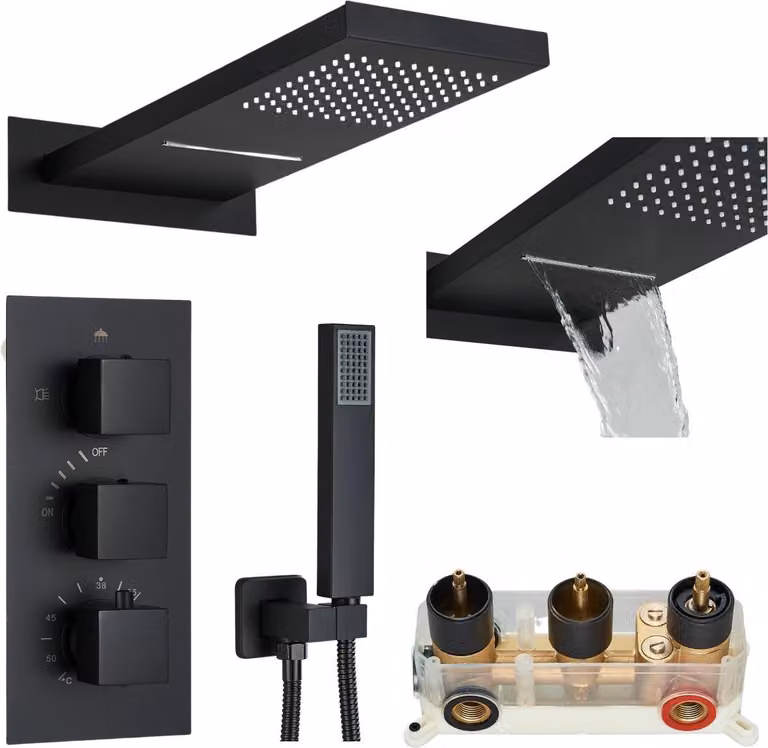 Set doccia incasso Ari, termostatico, nero, soffione effetto pioggia waterfall, box di montaggio, cartuccia Vetroceramica