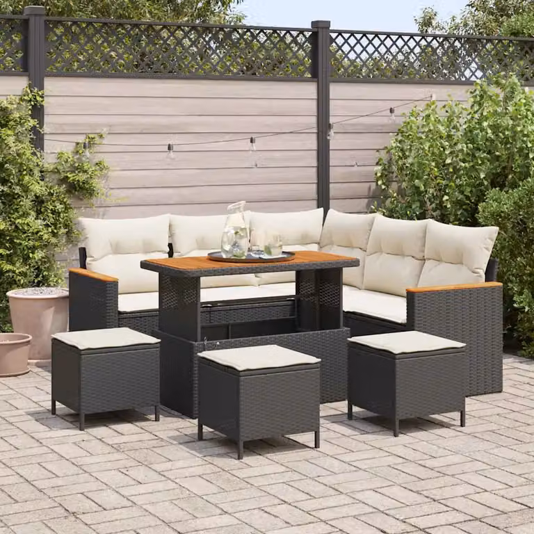 Set Divano da Giardino a L vidaXL con Cuscini e Tavolino Nero in Poly Rattan e Metallo