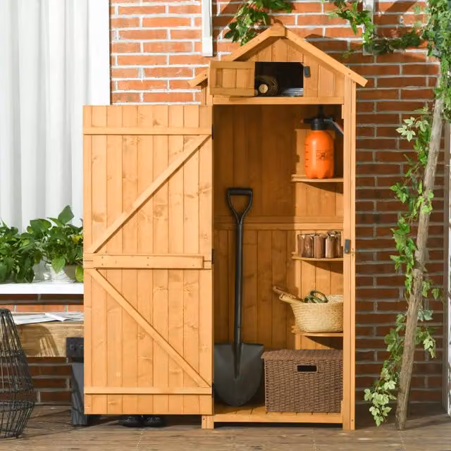 Armadietto da giardino OKWISH in legno laccato giallo con ante in vetro e ripiani interni, L: 77 cm, P: 54,2 cm, H: 179 cm