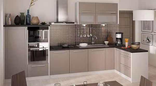 Mobile cucina a L 330 x 150 cm grigio / beige opaco nuovo