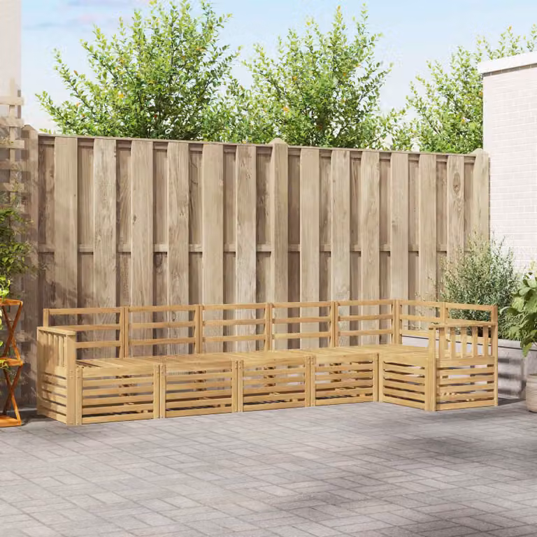 Set di divani da esterno vidaXL a forma di L composto da 6 pezzi in legno di acacia massello con cuscini bianchi e marroni per giardino e terrazza