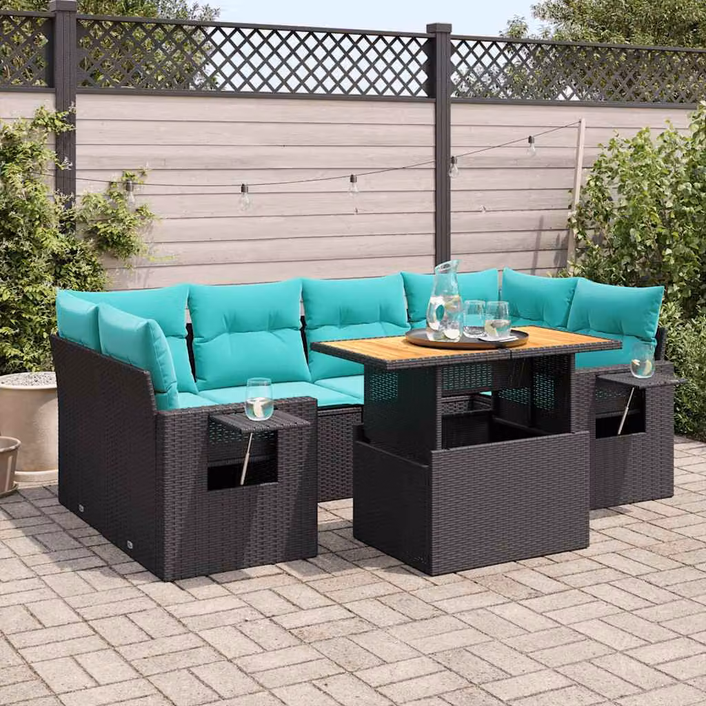 Set Divano da Giardino a L vidaXL con Cuscini e Tavolino, 7 Pezzi, Blu e Nero