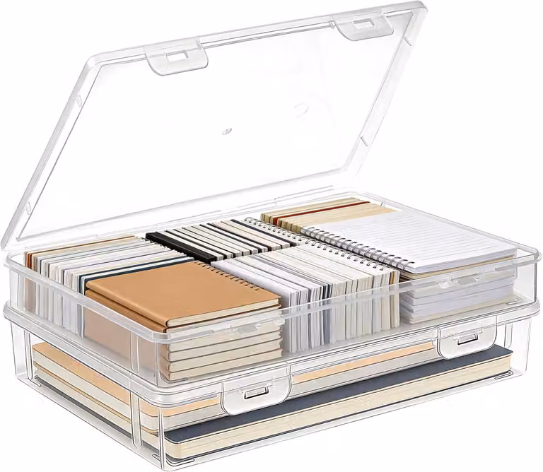Set di contenitori trasparenti, 2 pezzi, dimensioni 27 x 19,5 x 5 cm, impilabili, ideali per l'ufficio