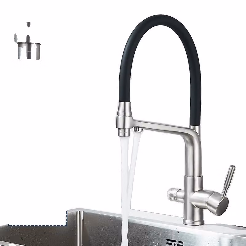 Rubinetto da cucina con filtro, bocca estraibile flessibile, doppia maniglia in ottone, nichel spazzolato