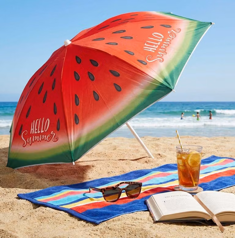 Milani Home - ombrellone da spiaggia diametro 2 m con palo centrale in acciaio, poliestere multicolor, inclinabile, protezione UV, decoro anguria e fenicottero