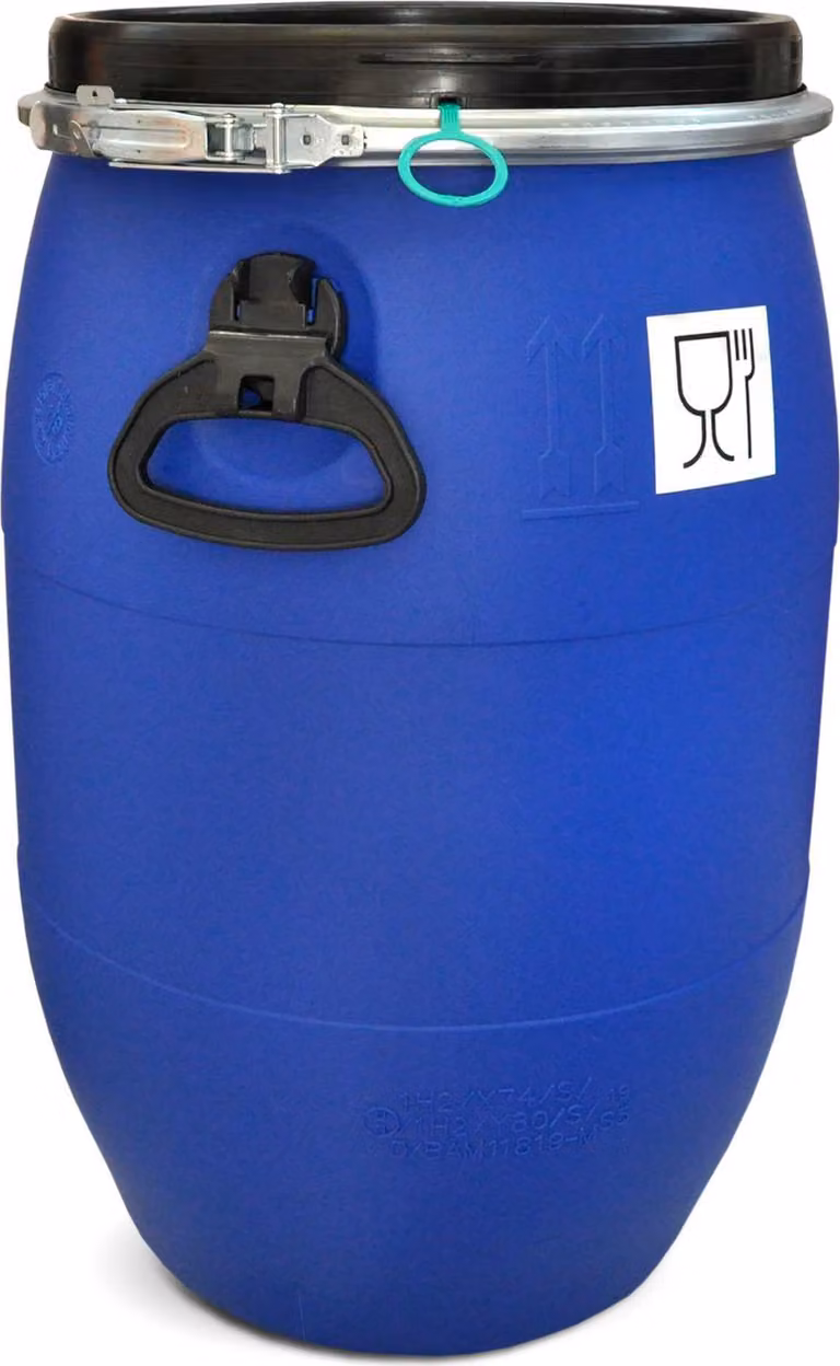 plasteo® fusto da 60 litri con coperchio sicurezza alimentare approvazione FDA approvazione ONU marchio di qualità IKG fusto in plastica fusto a bocca larga universale su