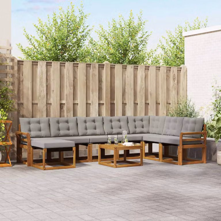 vidaXL Set di divani da esterno a L in legno di acacia con cuscini, 9 pezzi, Beige, Grigio e Marrone
