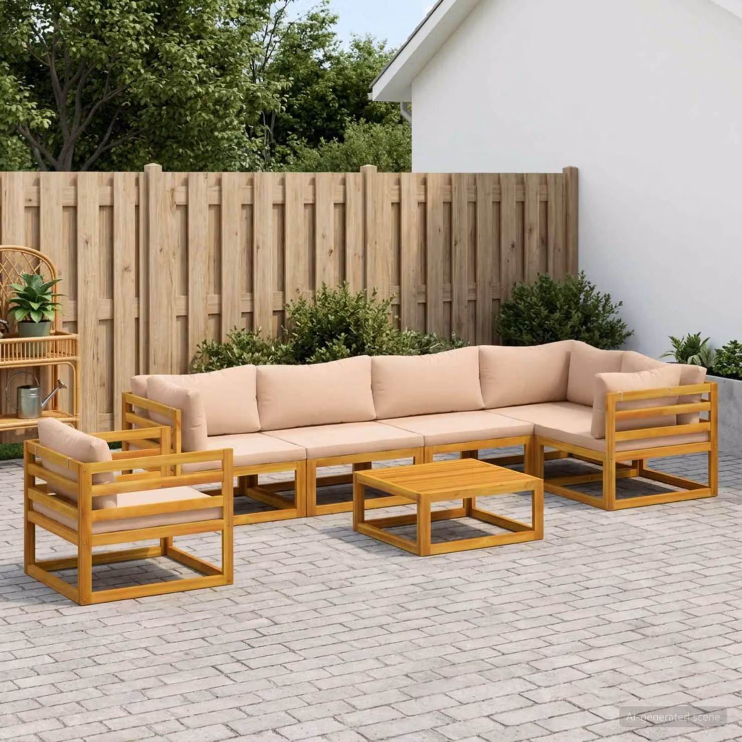 Set di divani da giardino vidaXL in legno di acacia massello con cuscini beige e tavolo da caffè, 7 pezzi