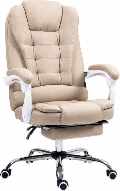 Sedia da ufficio Minimal in lino beige con poggiapiedi, schienale reclinabile e braccioli imbottiti