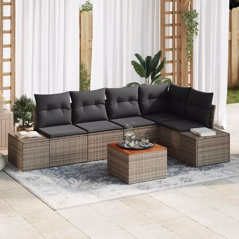 Set Divano da Giardino vidaXL 6 Pezzi a Forma di L Grigio con Tavolino e Cuscini in Polyrattan e Acciaio