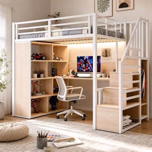 Letto a soppalco 90 × 200 cm con scrivania; scala contenitore; armadio; pannello forato e LED in metallo e legno bianco