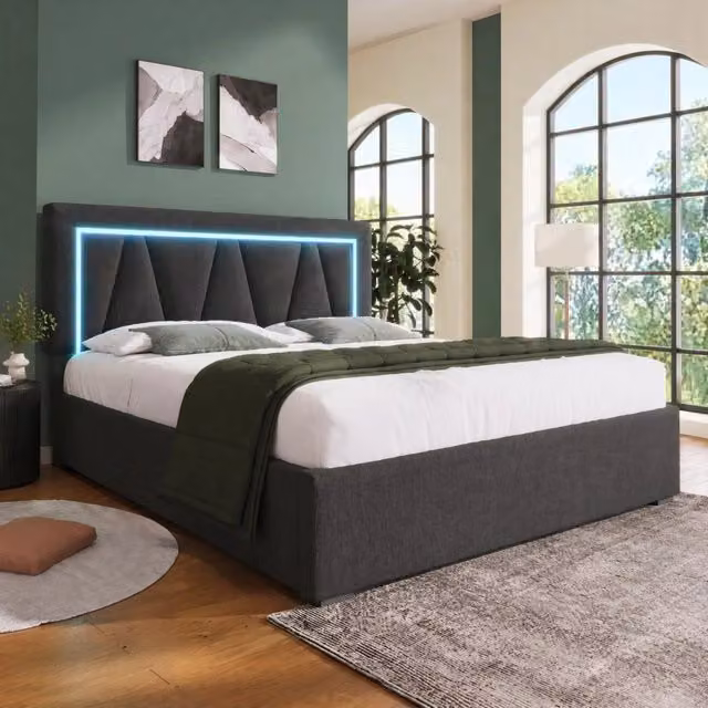 Letto matrimoniale imbottito 140 × 200 cm con contenitore LED USB e Type-C in lino grigio con rete a doghe