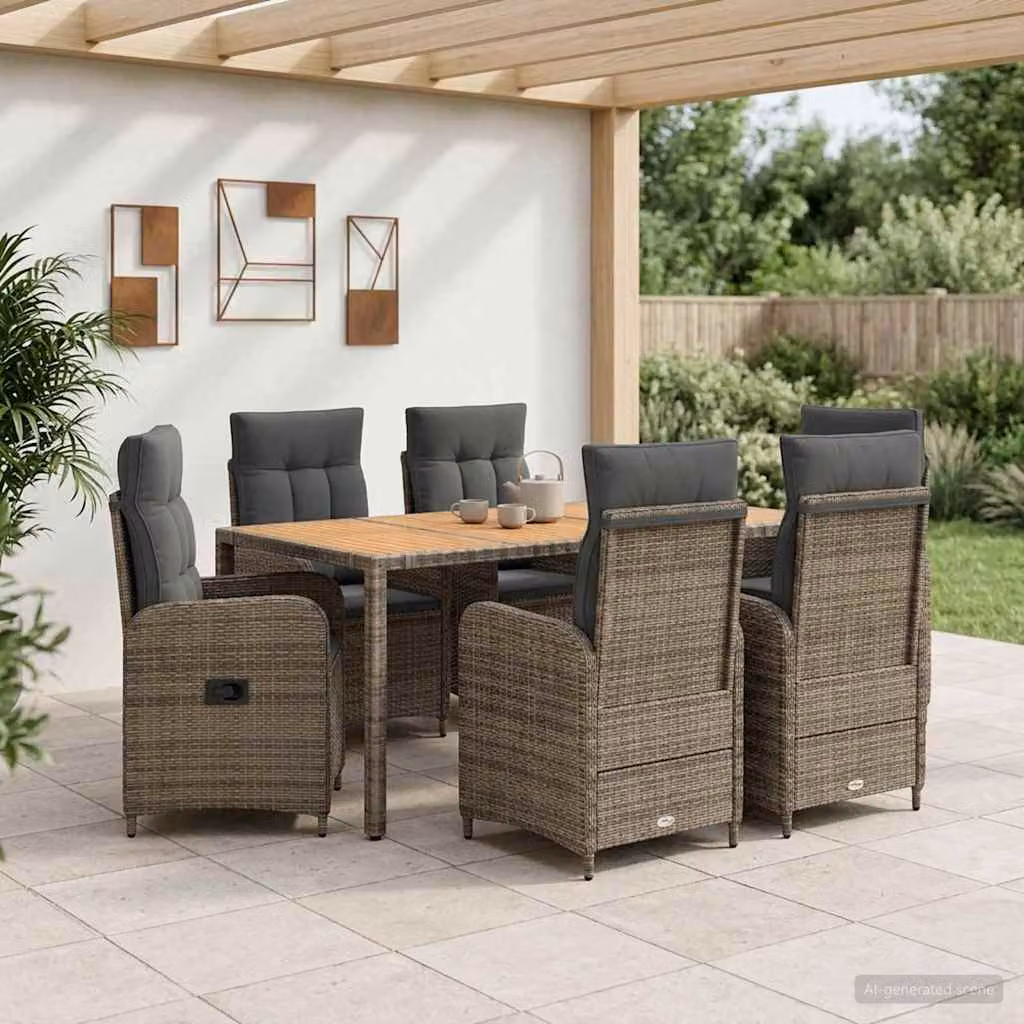 Set da pranzo per esterni vidaXL in polyrattan e legno di acacia grigio, 7 pezzi