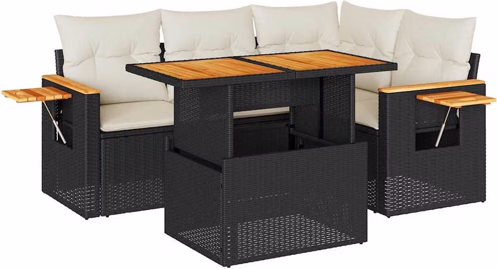 Set Divani da Giardino 5 pz con Cuscini Nero Polyrattan Acacia