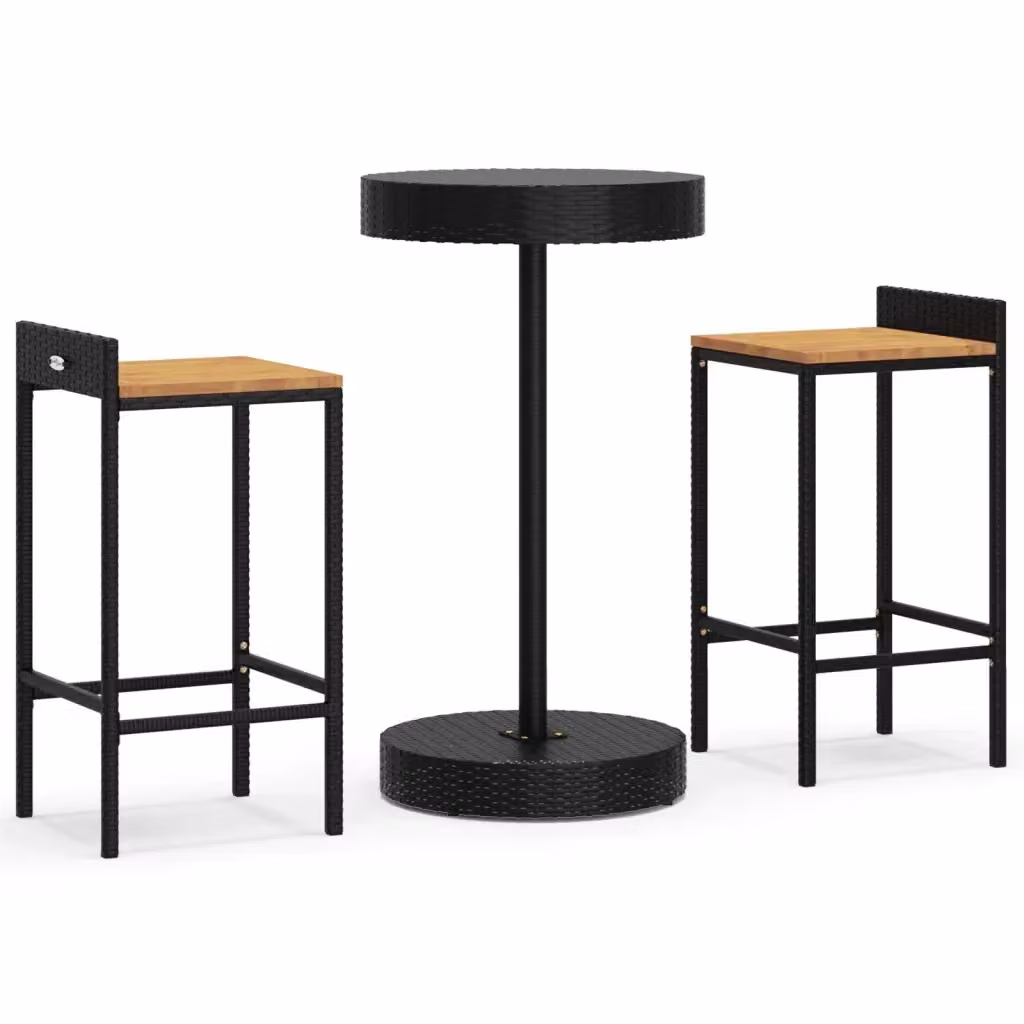 Set Bar da Giardino vidaXL in 3 Pezzi Nero in Polyrattan e Legno di Acacia – 2