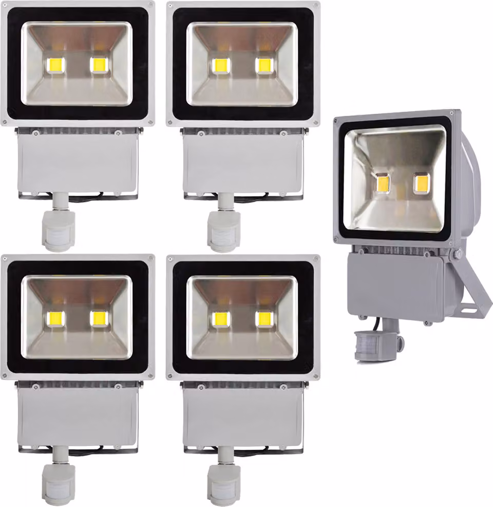 Greenmigo 5 faretti LED da 100 W + sensore di movimento, luce bianca fredda, illuminazione per oggetti, faretti da esterno, faretti da parete, proiettori, lampada da giardino, IP65, 85 V-265 V