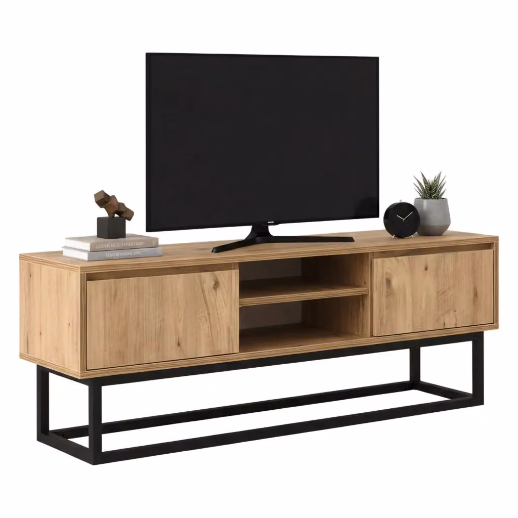 Mobile porta TV Kira DMORA, Credenza da soggiorno moderna in legno e metallo, Nero e Marrone, L: 180 cm, P: 40 cm, H: 50 cm – 2