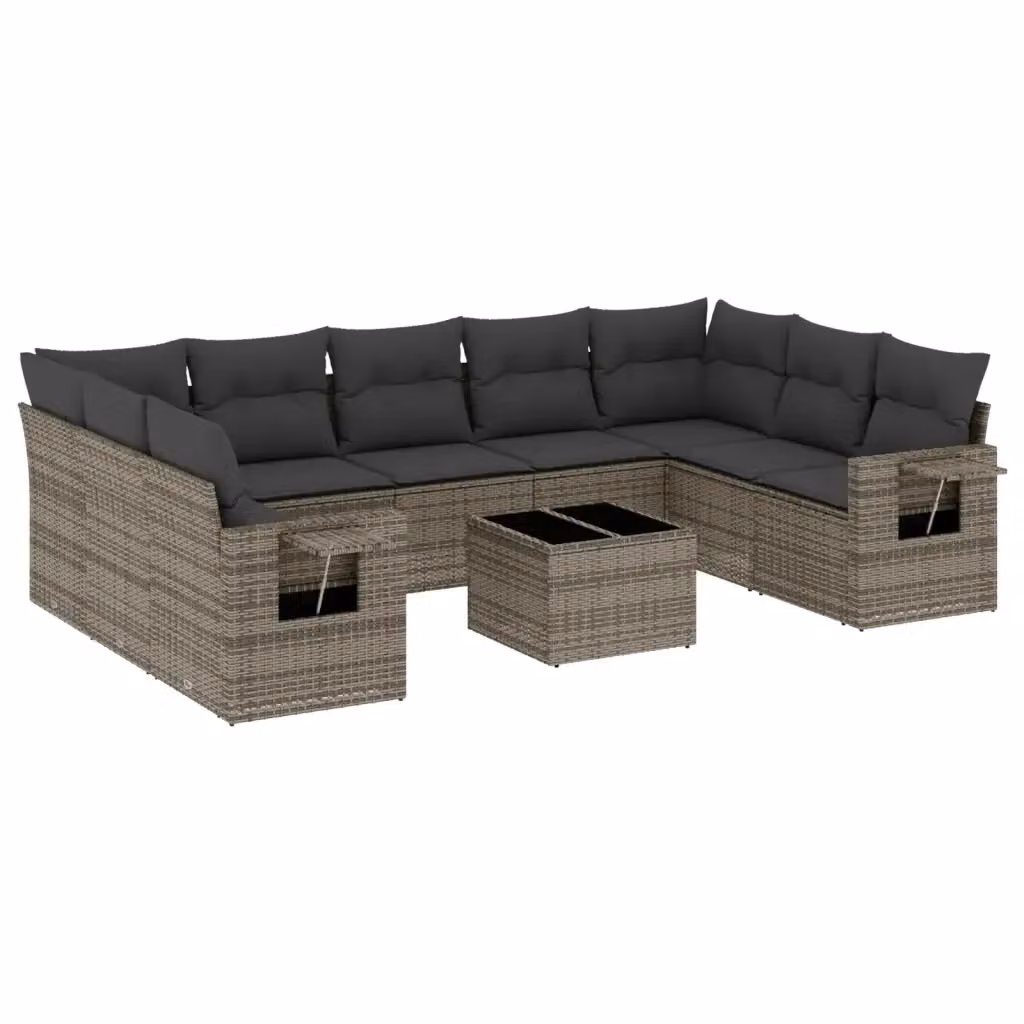vidaXL Set Divano da Giardino 10 pz a Forma a L in Polyrattan Grigio con Cuscini e Tavolino – 2