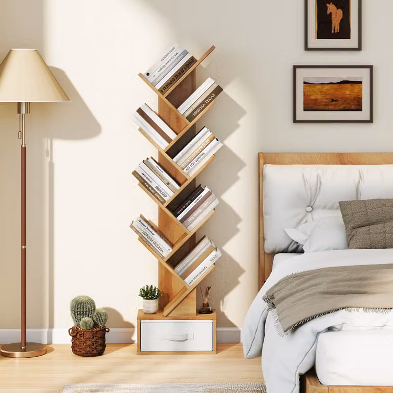 Scaffale ad albero Costway con 10 ripiani e cassetto, mobile da terra moderno in legno marrone per soggiorno, camera da letto o ufficio