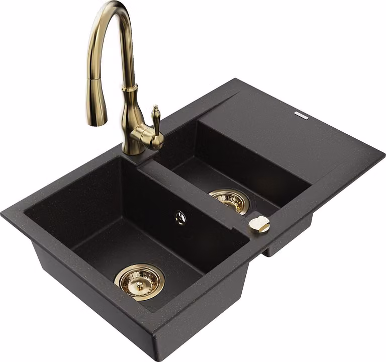 Mexen Gaspar lavello in granito 1,5 vasche con scolapiatti e miscelatore da cucina Savita, nero/oro - 6507-75-672601-50