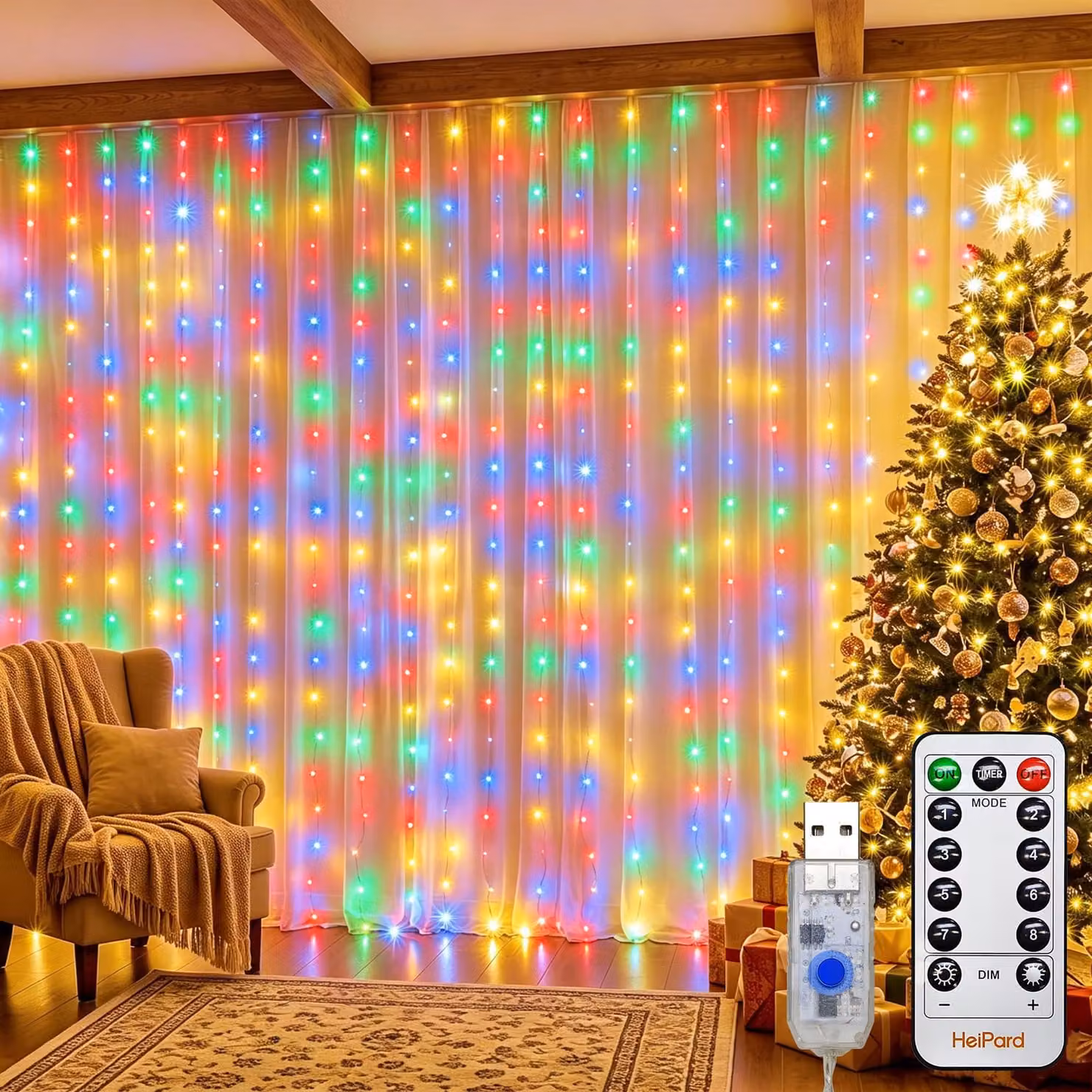 Tenda luminosa, dimensioni 3x2 metri, 200 LED, multicolore, alimentazione USB, 8 modalità, timer